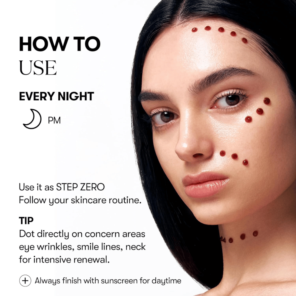 Model shows how VT Cosmetics Red Booster Reedle Shot 100 is applied spotwise on the face in the evening, as the first step in the skincare routine, for intensive renewal of wrinkles, lines, and skin texture.