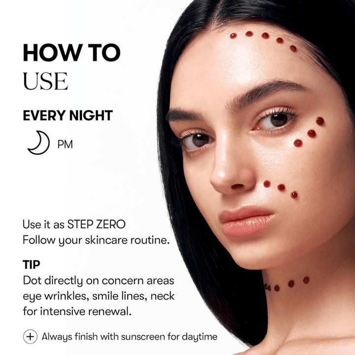 Model shows how VT Cosmetics Red Booster Reedle Shot 100 is applied spotwise on the face in the evening, as the first step in the skincare routine, for intensive renewal of wrinkles, lines, and skin texture.