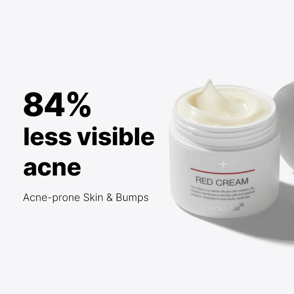 Open white jar with medicube Red Cream, a cream for acne-prone skin – shows 84% reduction of visible acne according to text in the image.