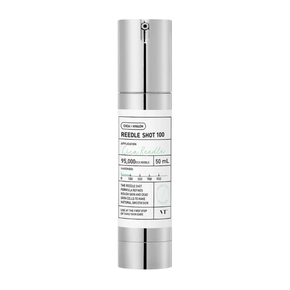 The bottle with Reedle Shot 100 stands on a white background. The product has an elegant, silver-colored pump bottle with clear labeling and information about the contents, which contains 95,000 Cica Reedle. It is designed to smooth and improve the skin's texture.