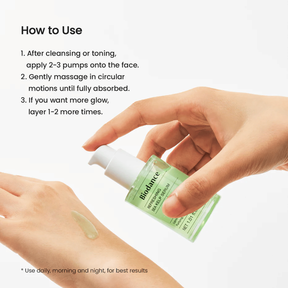 Biodance Refreshing Sea Kelp Serum applied on hand – soothing and sebum-regulating serum with sea kelp.