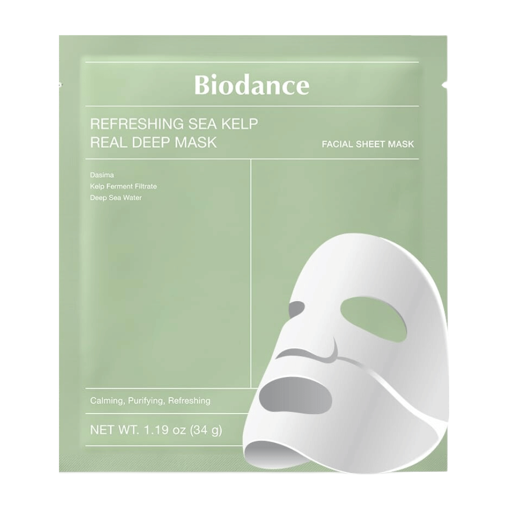 Biodance Refreshing Sea Kelp Real Deep Mask – a calming and hydrating face mask with fermented kelp and deep sea water. Cleanses, balances, and gives the skin a fresh glow.