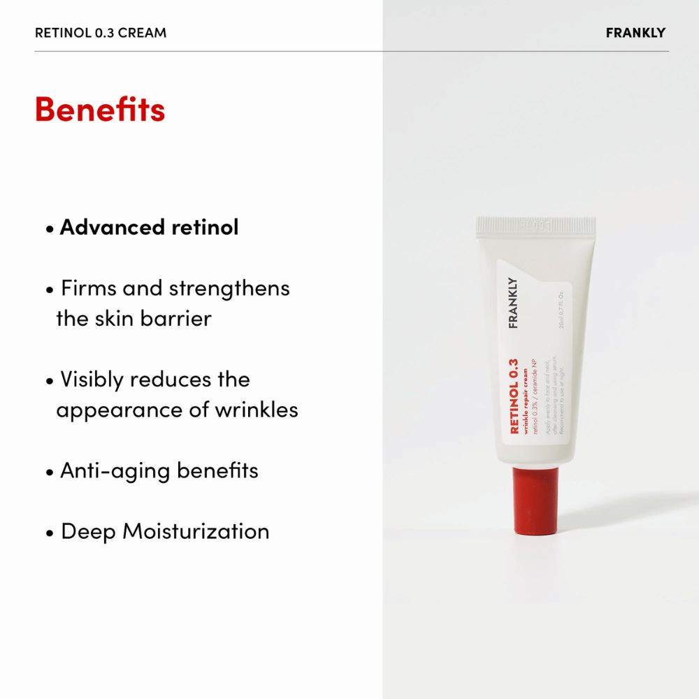 Produktbild av FRANKLY Retinol 0.3 Cream med listade fördelar: avancerad retinol, stärker hudbarriären och återfuktar på djupet.