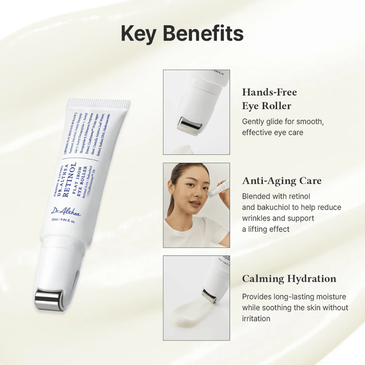 Dr. Althea Retinol Flat Iron Eye Roller with metal roller for cooling effect, anti-aging properties, and long-lasting hydration without irritation.