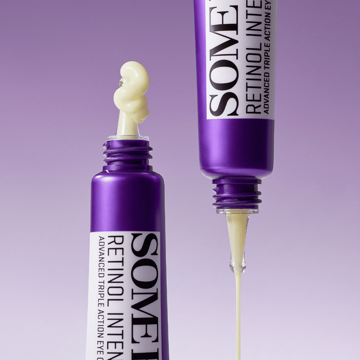 SOME BY MI Retinol Intense Advanced Triple Action Eye Cream with retinol – close-up of the cream's texture in a purple tube for reduced wrinkles and dark circles.
