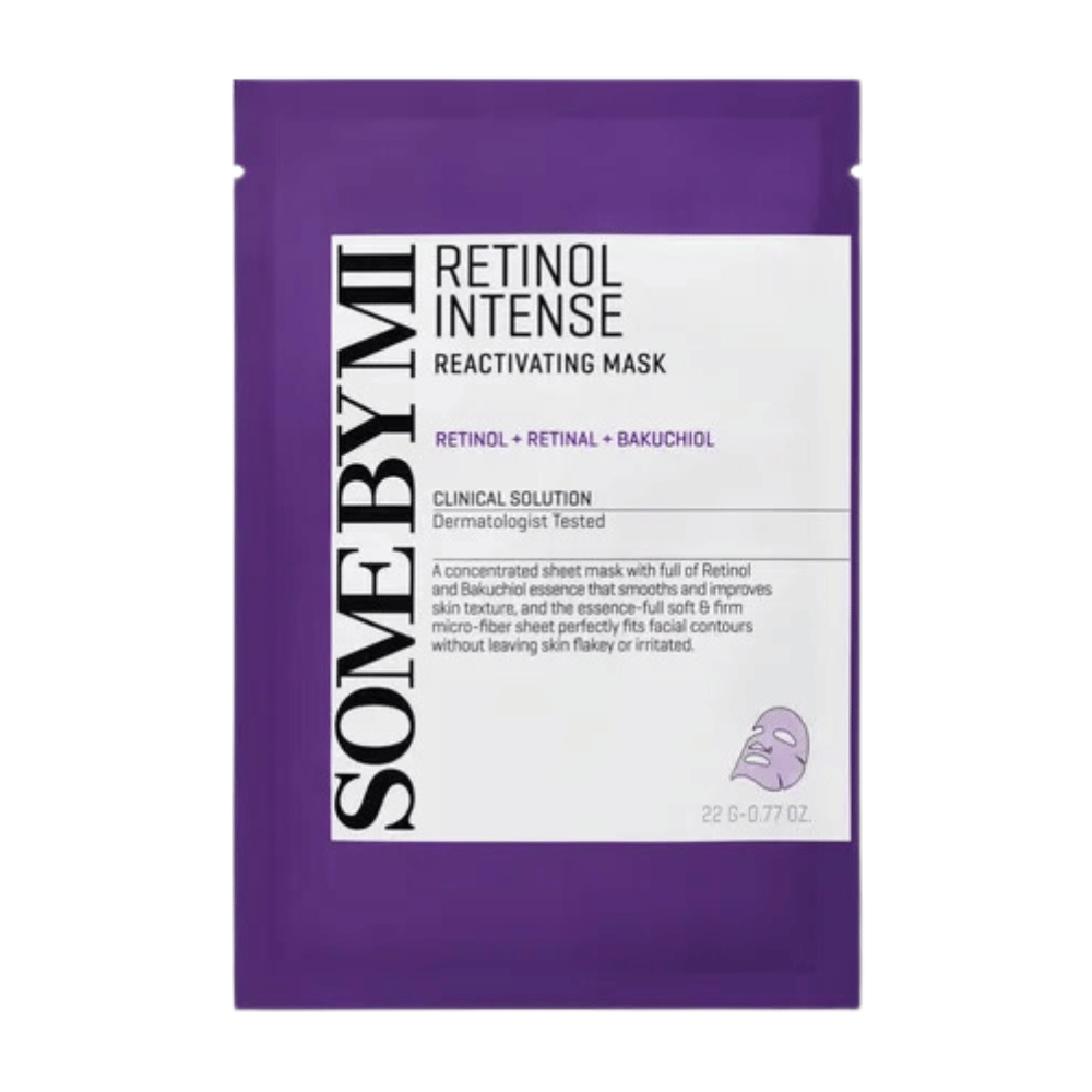 The image shows a package of "Retinol Intense Reactivating Mask", a skincare product containing retinol, retinal, and bakuchiol. The mask is dermatologically tested.