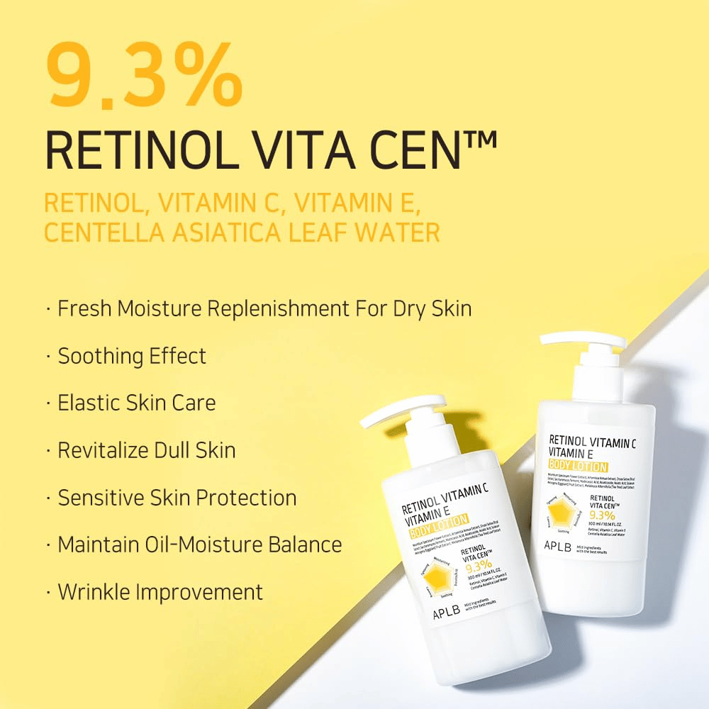 Two bottles on a yellow background together with text highlighting the main benefits: hydration, soothing effect, improved elasticity, protection for sensitive skin, and anti-aging effect.
