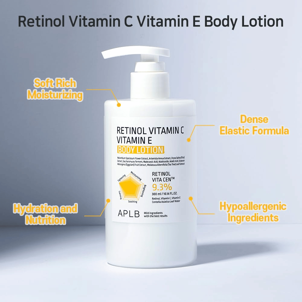 A product image where the bottle stands centrally with graphic markers around it. These point out properties such as hydration, nourishment, soft texture, elastic formula, and hypoallergenic ingredients.