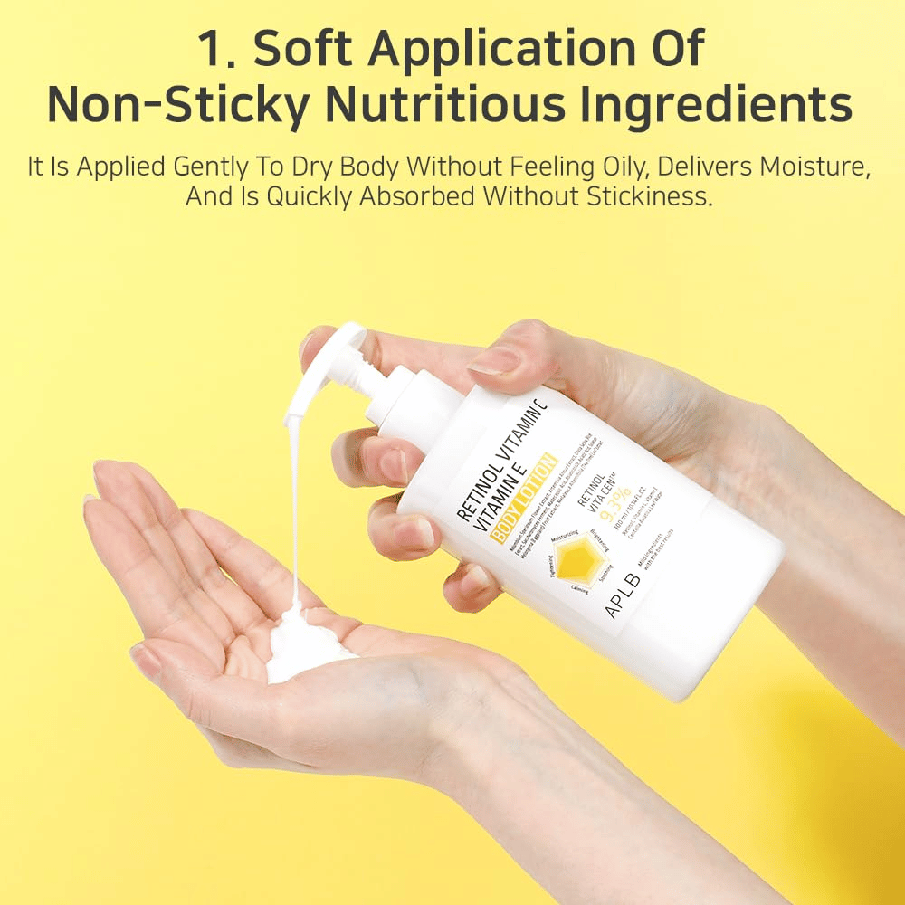 A person pumps lotion into their hand. The image shows the texture and application, focusing on the product being light, moisturizing, and non-sticky.