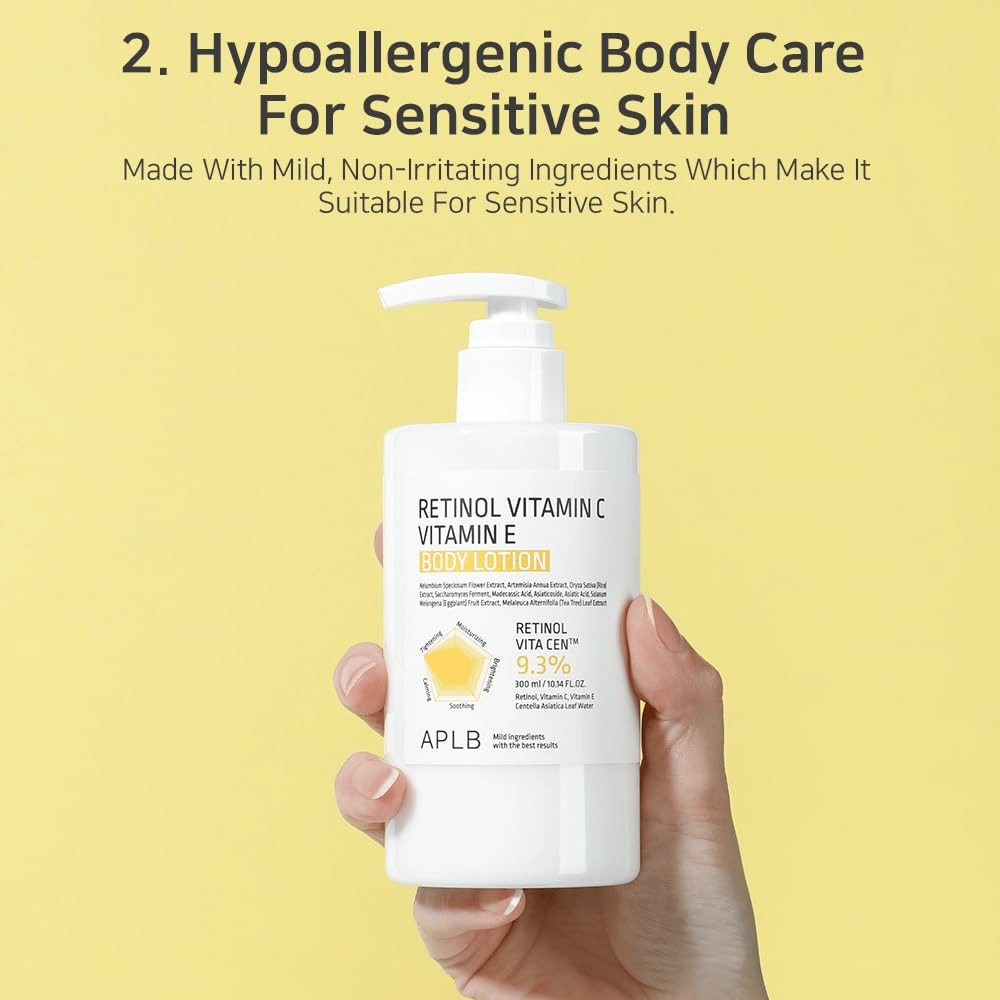 A hand holds a white pump bottle against a yellow background. The text highlights that the product is hypoallergenic and suitable for sensitive skin, with gentle and non-irritating ingredients.