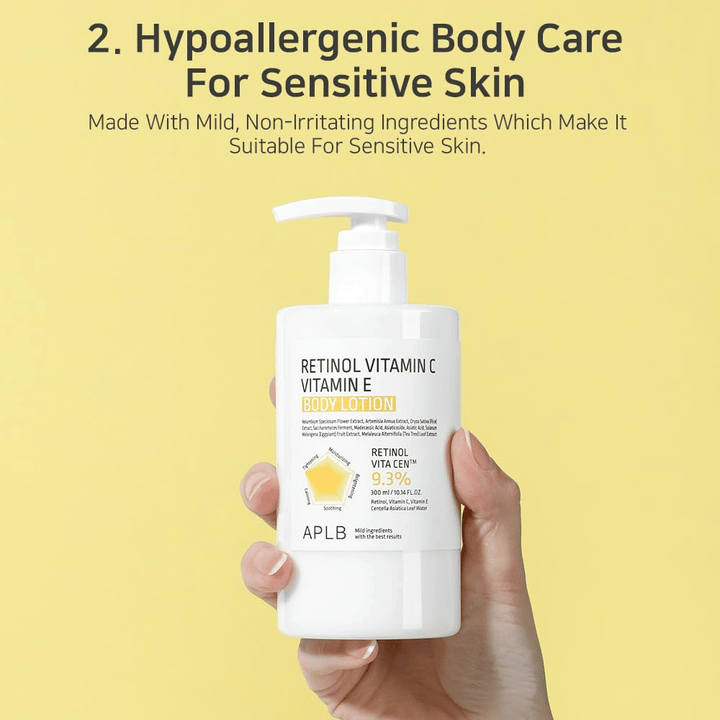 A hand holds a white pump bottle against a yellow background. The text highlights that the product is hypoallergenic and suitable for sensitive skin, with gentle and non-irritating ingredients.