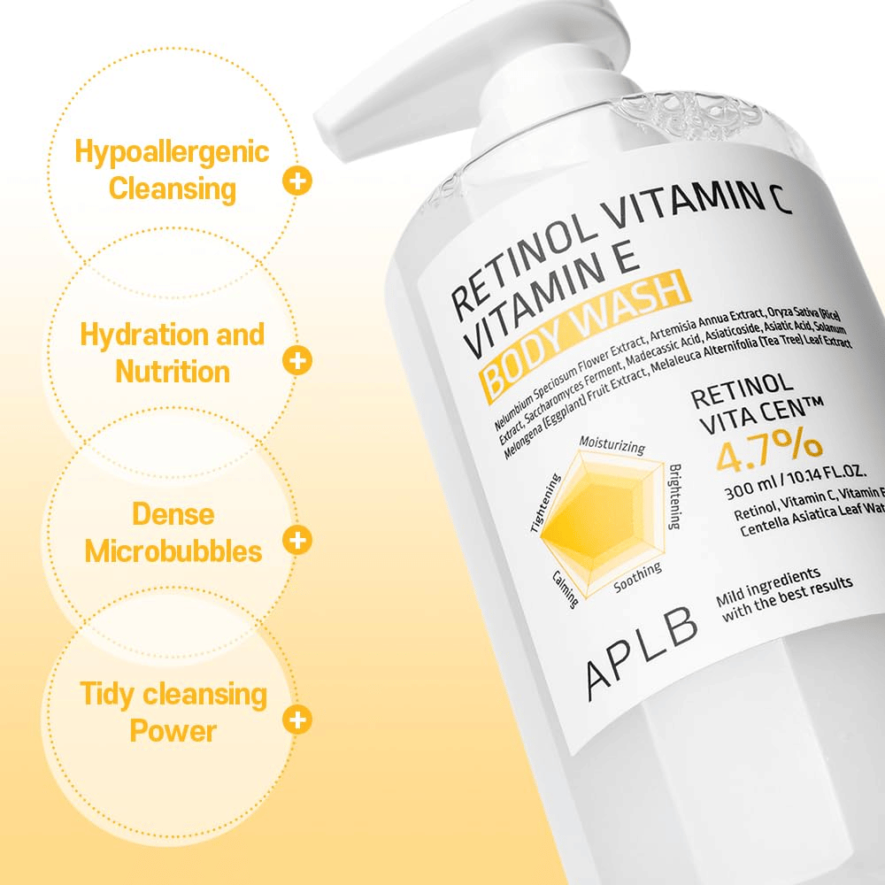 3. APLB Retinol Vitamin C Vitamin E Body Wash – moisturizing body wash with retinol, vitamin C, vitamin E, and centella