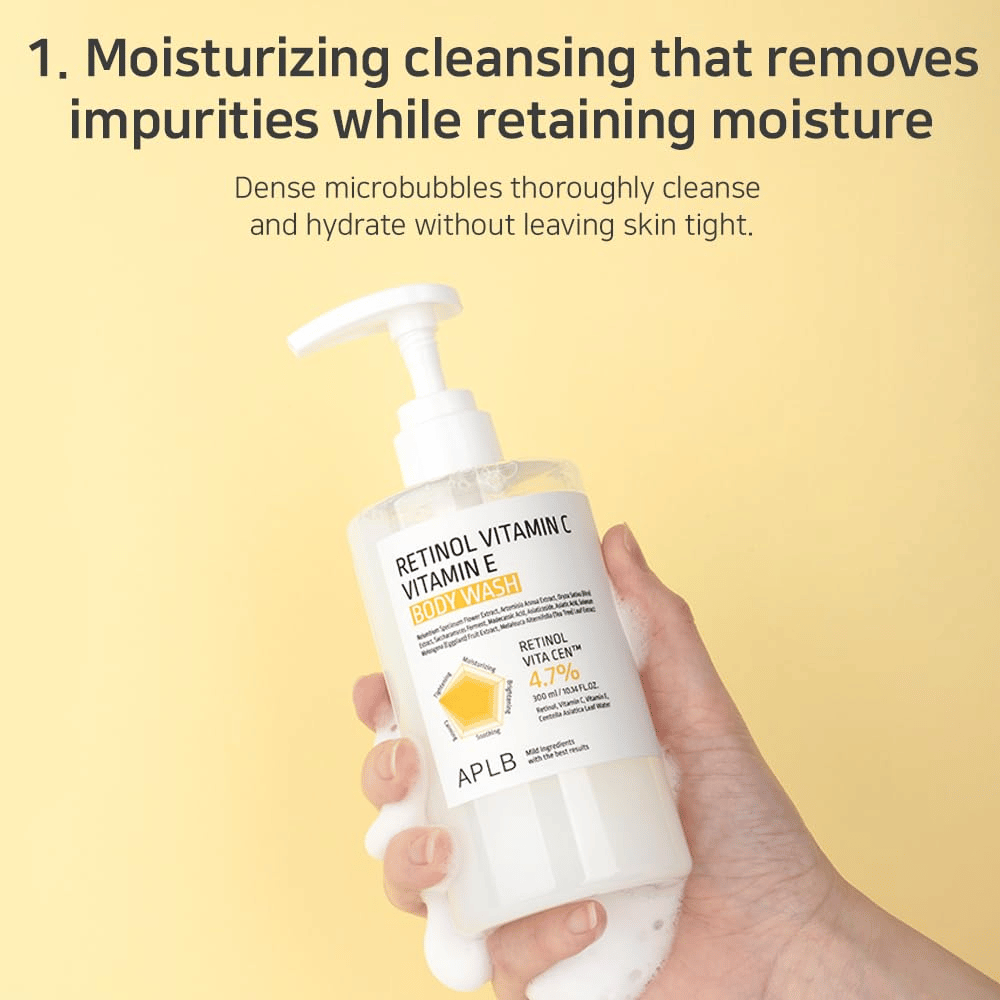 2. APLB Retinol Vitamin C Vitamin E Body Wash – gentle body wash with microbubbles that cleanses without drying out the skin