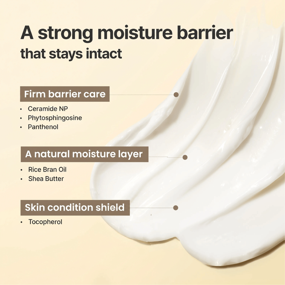 Cream texture from I'm From Rice Cream with ceramides, panthenol, and shea butter that strengthen the skin barrier