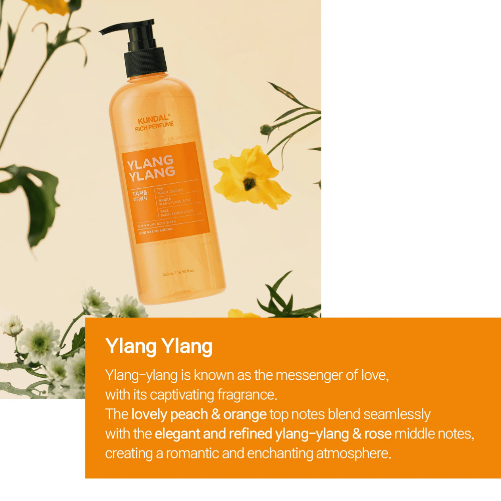 2. KUNDAL Rich Perfume Body Wash Ylang Ylang 500 ml – shower gel with notes of peach, orange, ylang-ylang, rose, musk, and sandalwood