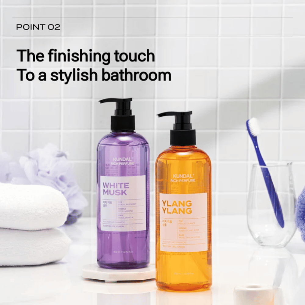 5. KUNDAL Rich Perfume Shampoo White Musk & Ylang Ylang – two perfumed shampoos in a stylish bathroom setting