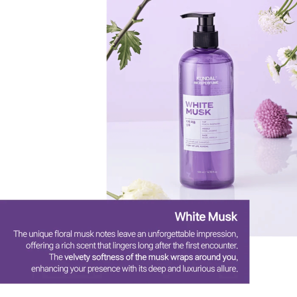 4. KUNDAL Rich Perfume Shampoo White Musk – purple shampoo bottle with floral notes and a soft musk scent