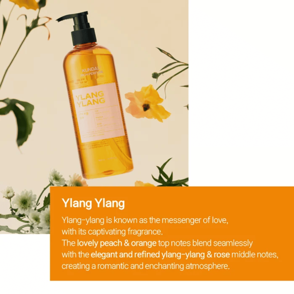 3. KUNDAL Rich Perfume Shampoo Ylang Ylang – orange shampoo bottle with a floral and fruity scent