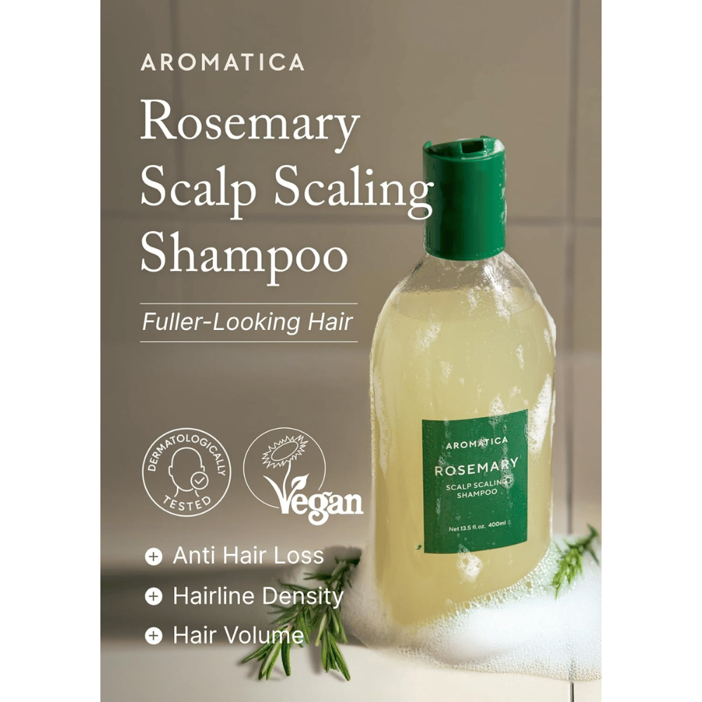 AROMATICA Rosemary Scalp Scaling Shampoo for cleansing and exfoliating the scalp, helping to reduce hair loss, increase hair volume, and promote a healthy scalp.