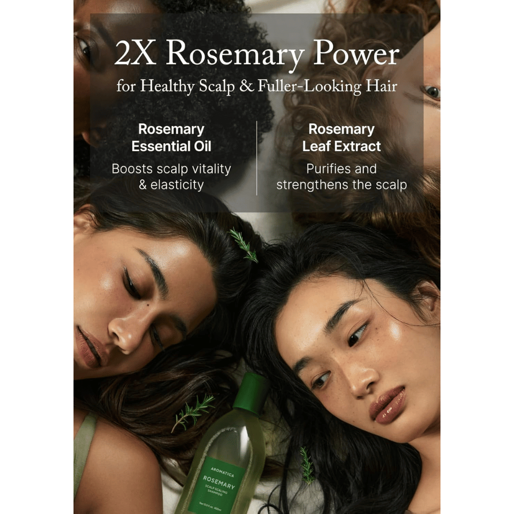 AROMATICA Rosemary Scalp Scaling Shampoo with rosemary oil and rosemary extract that strengthen the scalp, deeply cleanse, and promote fuller hair.