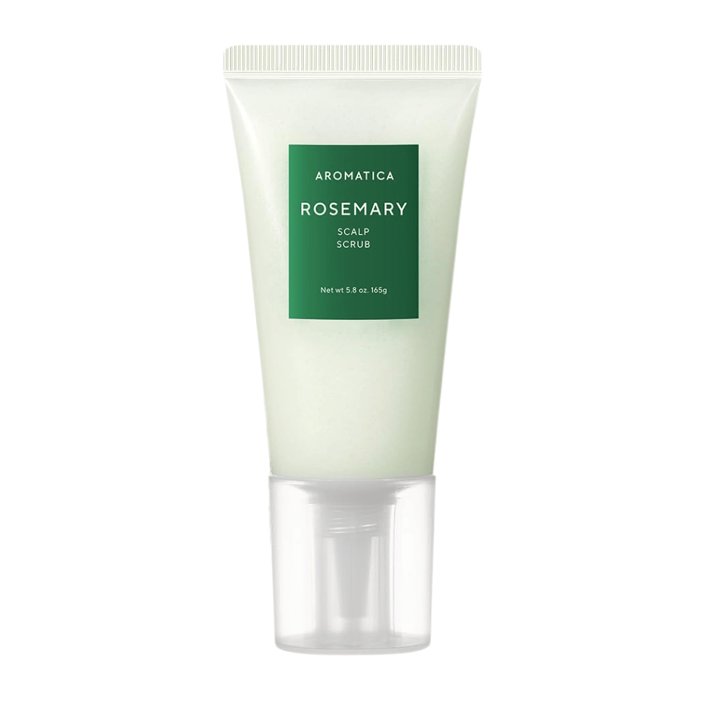 4. AROMATICA Rosemary Scalp Scrub 165 g – exfoliating scalp scrub with rosemary in a light green tube against a white background