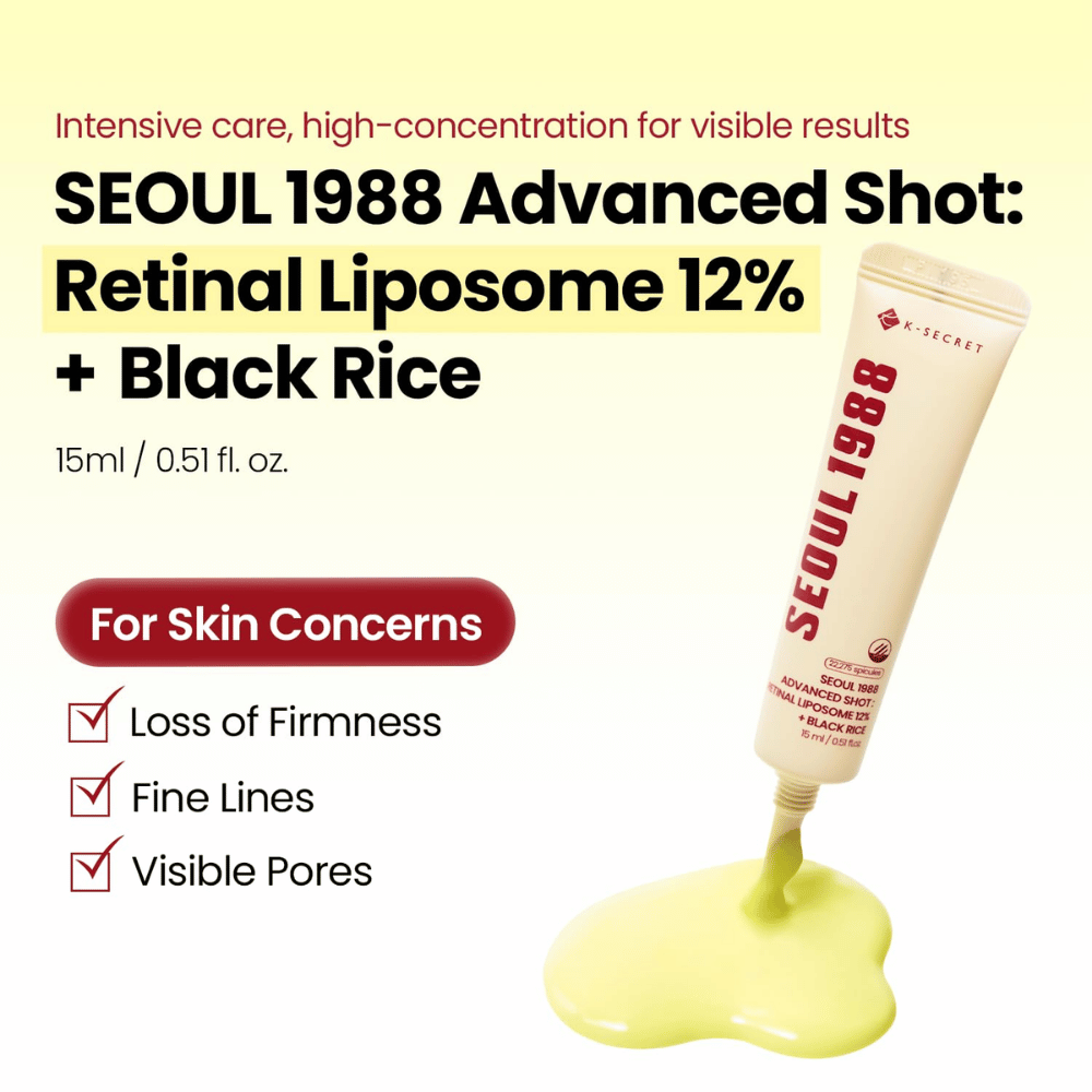 K-SECRET SEOUL 1988 Advanced Shot Retinal Liposome 12% + Black Rice 15 ml – intensive retinal treatment for fine lines, visible pores, and loss of firmness.