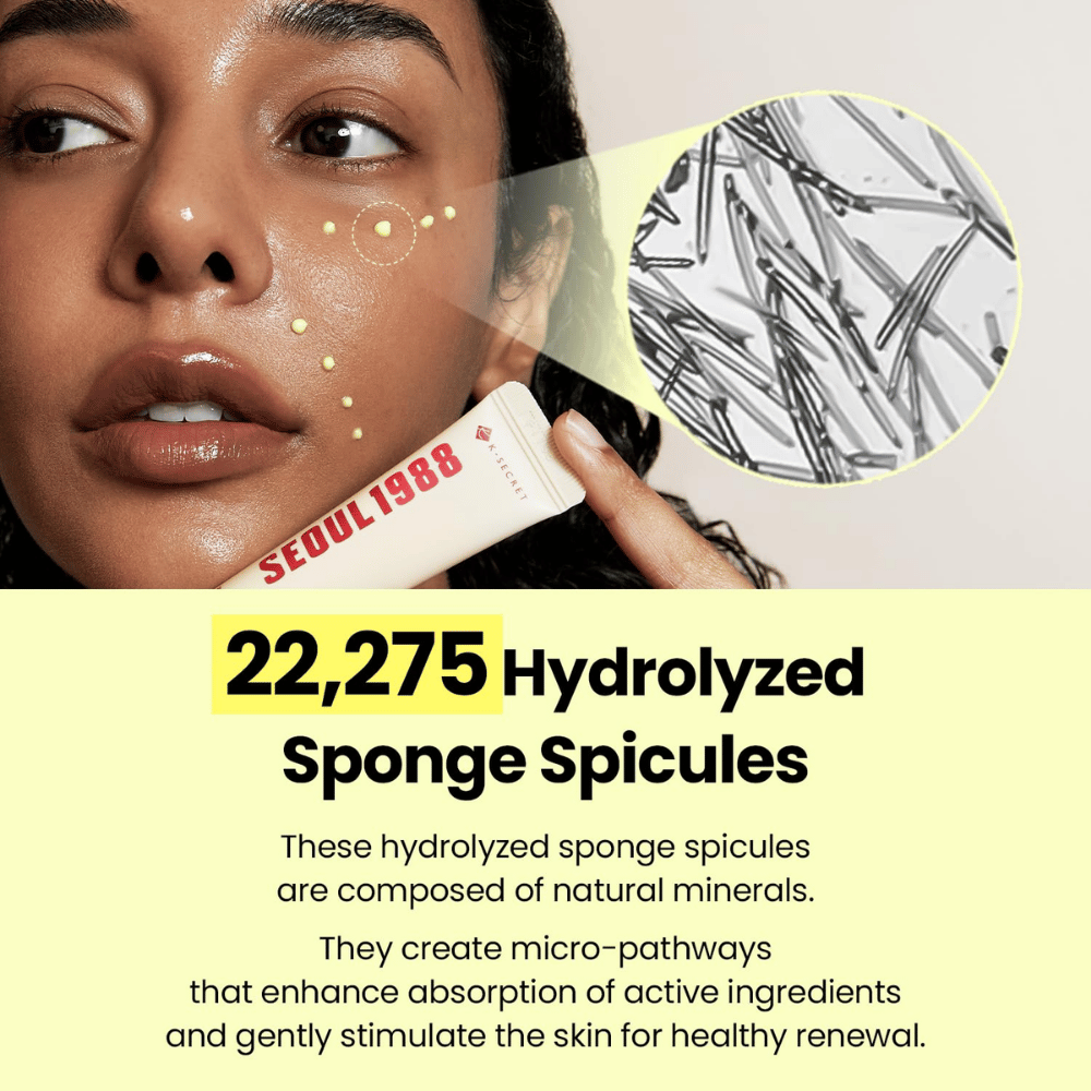 K-SECRET SEOUL 1988 Advanced Shot – formula with 22,275 hydrolyzed sponge spicules combined with active skincare ingredients.