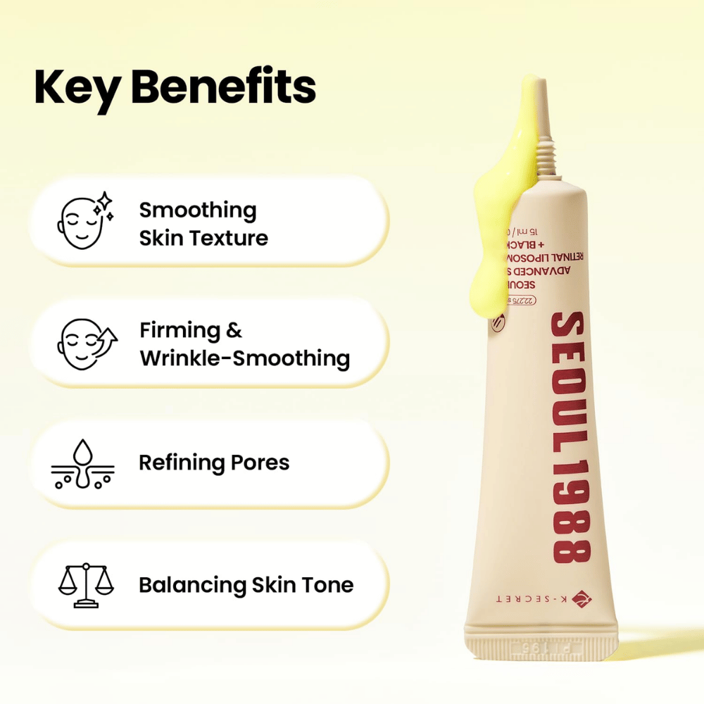 K-SECRET SEOUL 1988 Advanced Shot – skincare with retinal for a smoother skin texture, a firmer feel, balanced skin tone, and less visible pores.