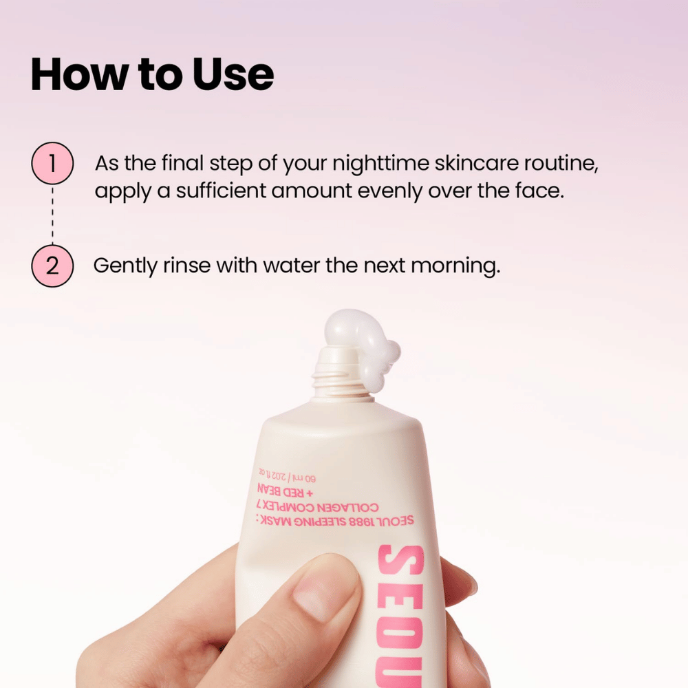 K-SECRET SEOUL 1988 Sleeping Mask – sleeping mask with Collagen Complex 7 and Red Bean, applied as the last step in the evening routine.