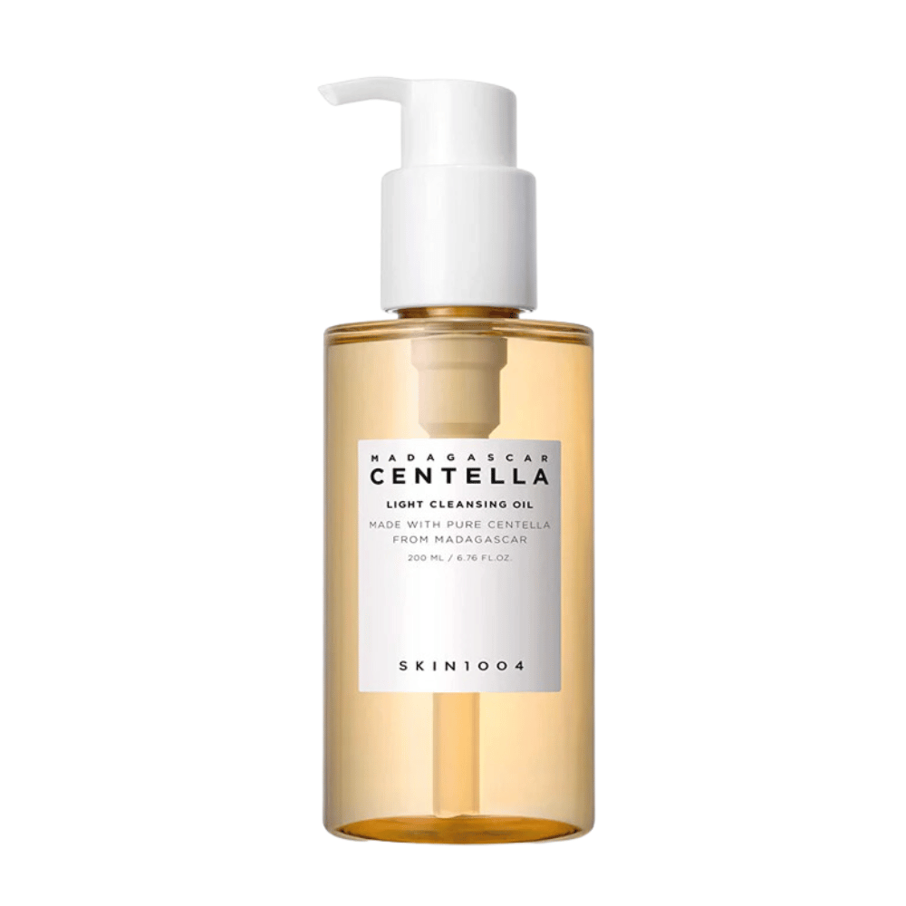A bottle of Madagascar Centella Light Cleansing Oil 200ml from SKIN1004 on a white background, for cleaning and skincare.