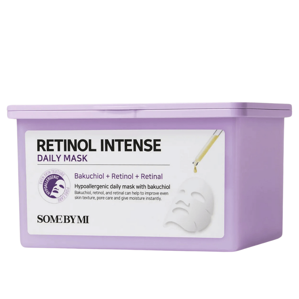 This image shows Some By Mi
"Retinol Intense Daily Mask." This daily face mask contains bakuchiol, retinol, and retinal, which help improve skin texture, minimize pores, and provide moisture. The product is hypoallergenic and designed for daily use.