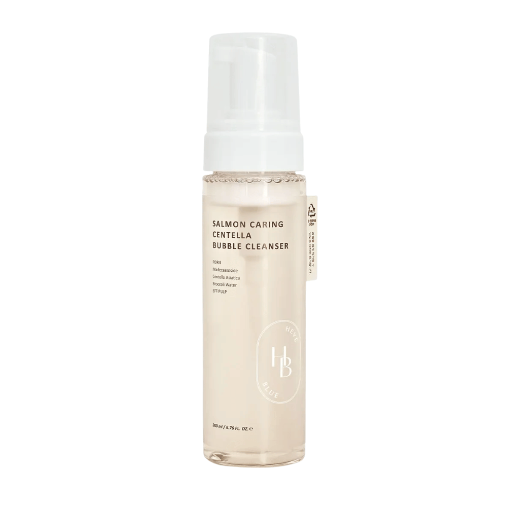 Heveblue Salmon Caring Centella Bubble Cleanser face wash – Korean cleansing foam with Centella Asiatica and PDRN that helps to clean pores, soothe the skin, and hydrate.