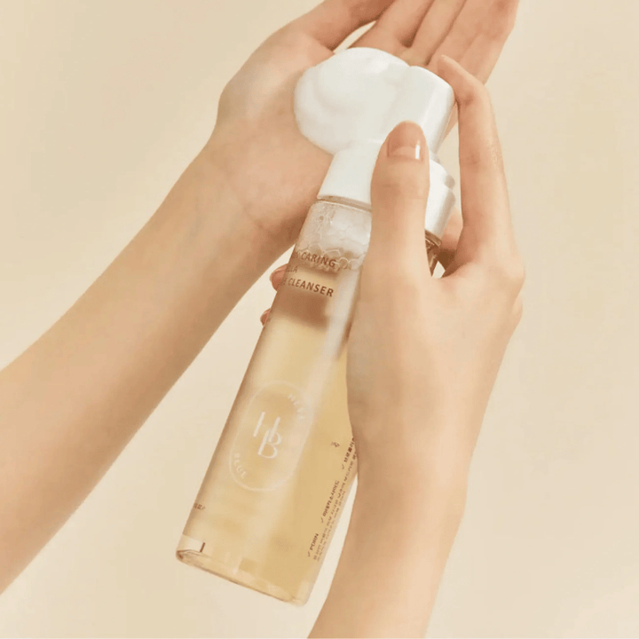 Heveblue Salmon Caring Centella Bubble Cleanser used in hand – mild Korean bubble cleanser that creates an airy foam and helps to cleanse the skin without drying it out.