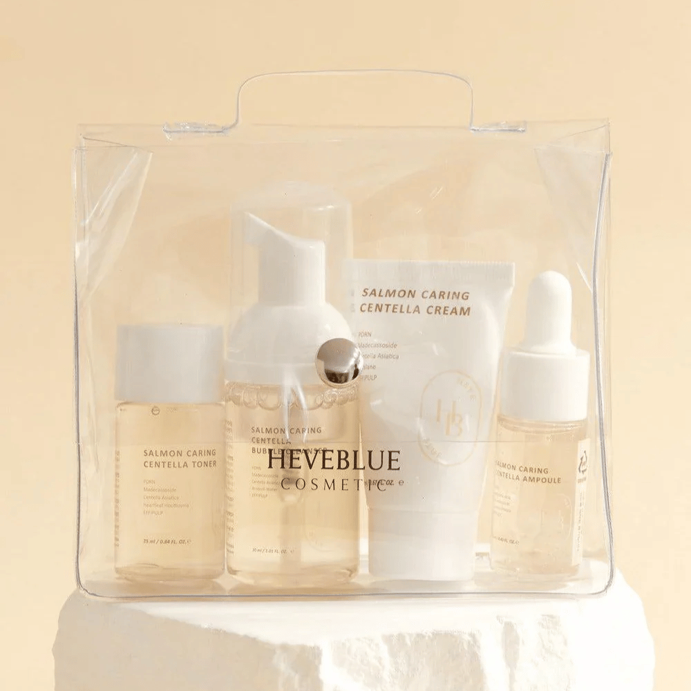 Heveblue Salmon Caring Centella Special Travel Kit – Korean skincare set with toner, bubble cleanser, cream, and ampoule with Centella Asiatica and PDRN from salmon in a convenient travel packaging.