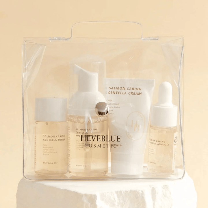 Heveblue Salmon Caring Centella Special Travel Kit – Korean skincare set with toner, bubble cleanser, cream, and ampoule with Centella Asiatica and PDRN from salmon in a convenient travel packaging.