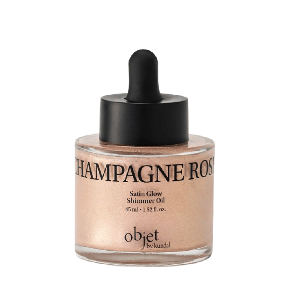 Objet by KUNDAL Satin Glow Shimmer Oil Champagne Rose 45 ml – radiance-enhancing body oil with a delicate rose gold shimmering finish.