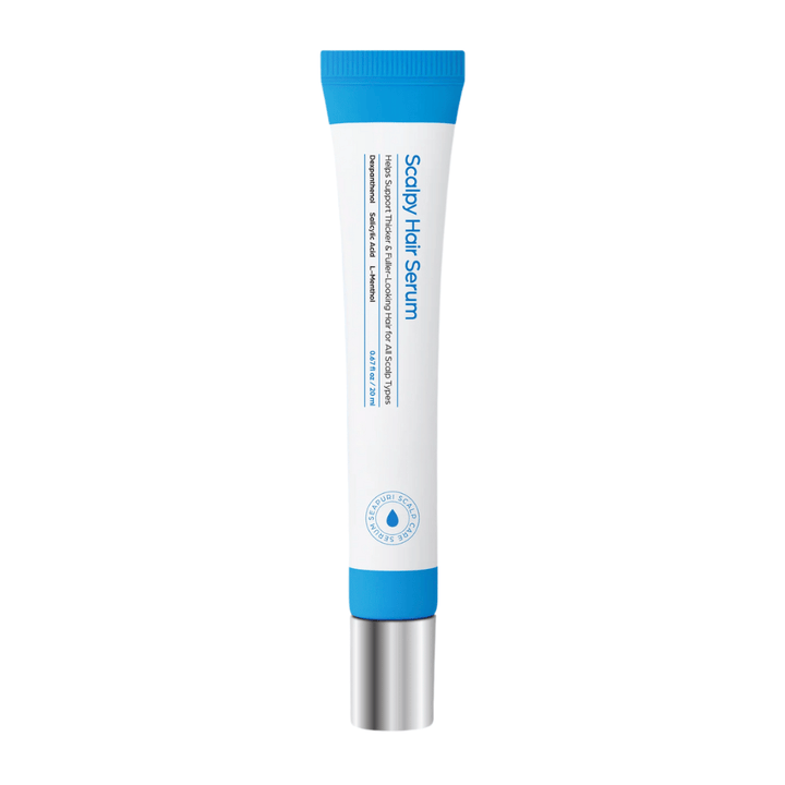 Product image of Seapuri Scalpy Hair Serum in a white and blue tube with a metal cap. Hair serum that strengthens roots and promotes growth.
