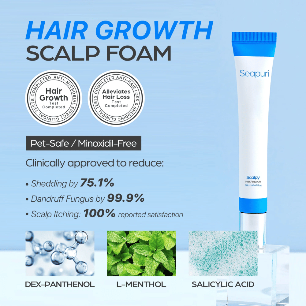 Seapuri Scalpy Hair Serum is shown with text highlighting clinically proven effects: reduced hair loss and dandruff, increased hair growth, and a soothed scalp.