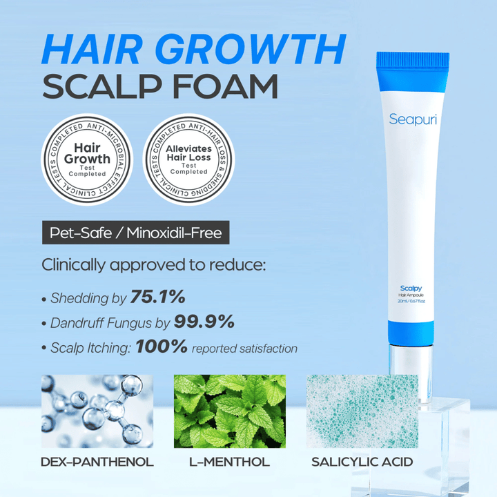 Seapuri Scalpy Hair Serum is shown with text highlighting clinically proven effects: reduced hair loss and dandruff, increased hair growth, and a soothed scalp.