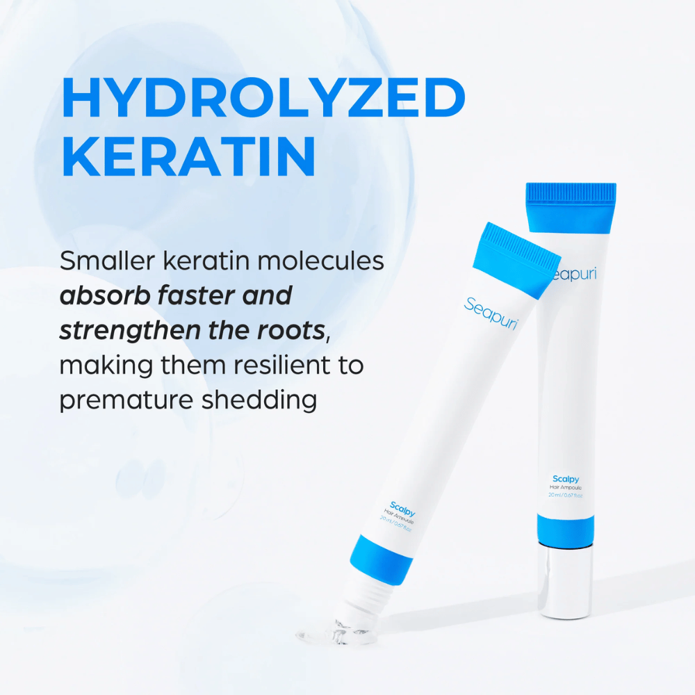 Two tubes of Seapuri Scalpy Hair Serum are shown. Text describes hydrolyzed keratin that strengthens hair follicles and prevents hair loss.