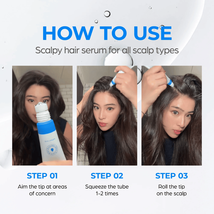 A woman applies Seapuri Scalpy Hair Serum to the scalp. Step-by-step guide shows how to aim, press, and roll the applicator for best results.