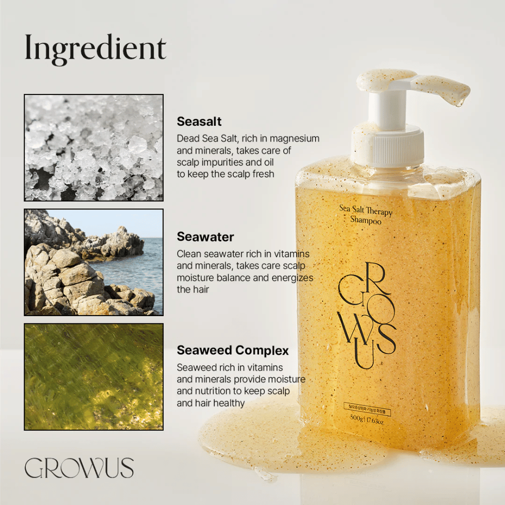 Ingredients in GROWUS Sea Salt Therapy Shampoo with sea salt, seawater, and seaweed complex for the scalp