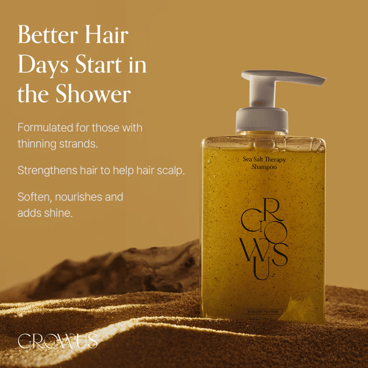GROWUS Sea Salt Therapy Shampoo that strengthens thin hair, adds shine, and cares for the scalp with sea salt