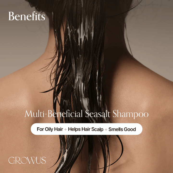 GROWUS Sea Salt Therapy Shampoo that cleanses oily scalp, balances oil, and improves scalp health