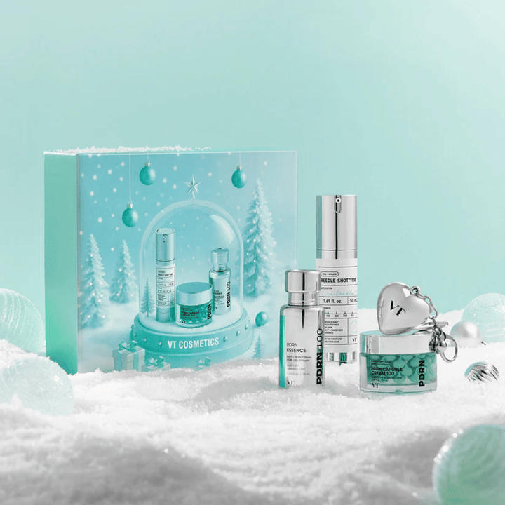Gift packaging from VT Cosmetics with products from the PDRN series in a festive snow globe design – perfect as a gift.