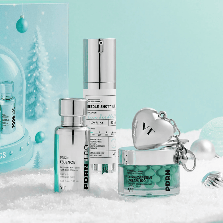 VT Cosmetics Shining Holiday Set – luxurious Skincare kit with PDRN Essence, Reedle Shot 100 and PDRN Capsule Cream in winter-inspired design.
