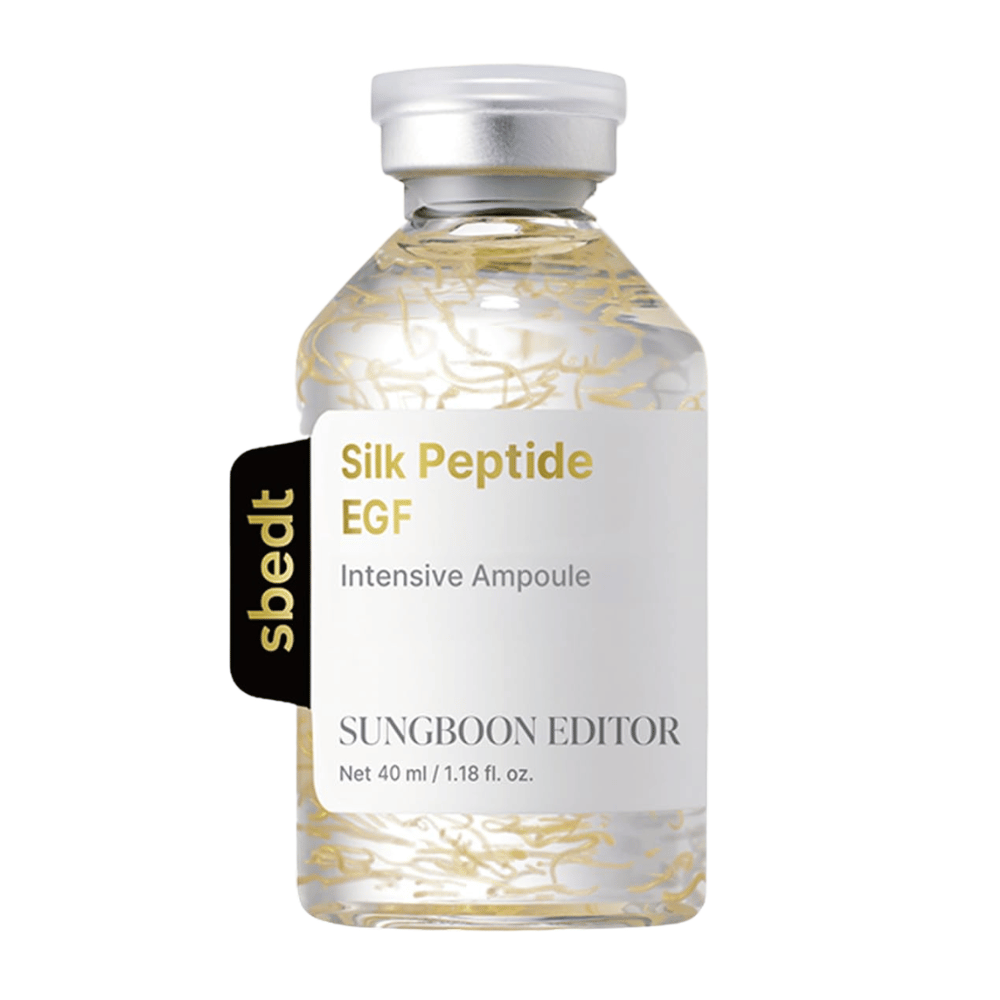 SUNGBOON EDITOR Silk Peptide EGF Intensive Ampoule is a concentrated serum with silk extract, EGF, peptides, and 24K gold that hydrates the skin and helps provide a firmer, more even, and more radiant appearance.