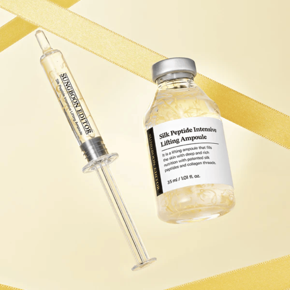 SUNGBOON EDITOR Silk Peptide Intensive Lifting Ampoule serum with silk peptides and collagen that hydrates the skin, improves elasticity, and provides firmer skin.