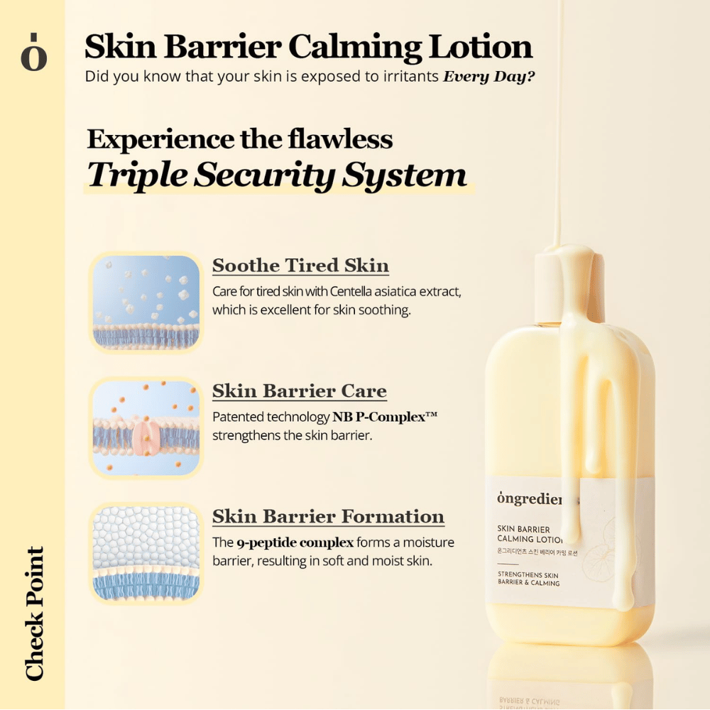 Ongredients Skin Barrier Calming Lotion with Centella Asiatica and peptides that soothe the skin, strengthen the skin barrier, and provide long-lasting hydration.
