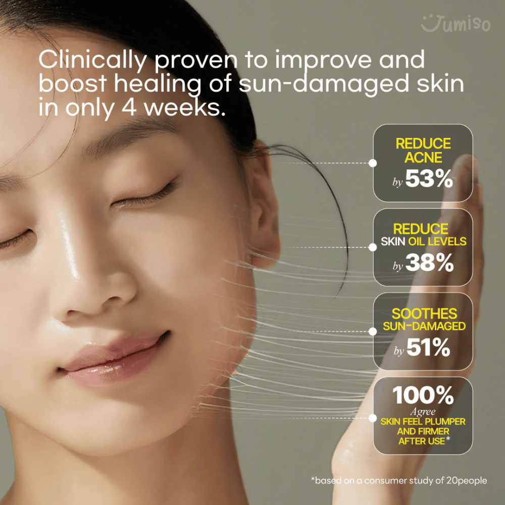 Smiling woman with smooth and radiant skin illustrates the effects of Jumiso Snail Mucin 95 + Peptide. Clinically proven improvement of sun-damaged skin within 4 weeks.